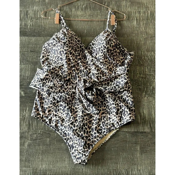 H&M Womens Leopard Shaping One Piece Swimsuit Bathingsuit Swimwear Brown Sz XL - Picture 1 of 8